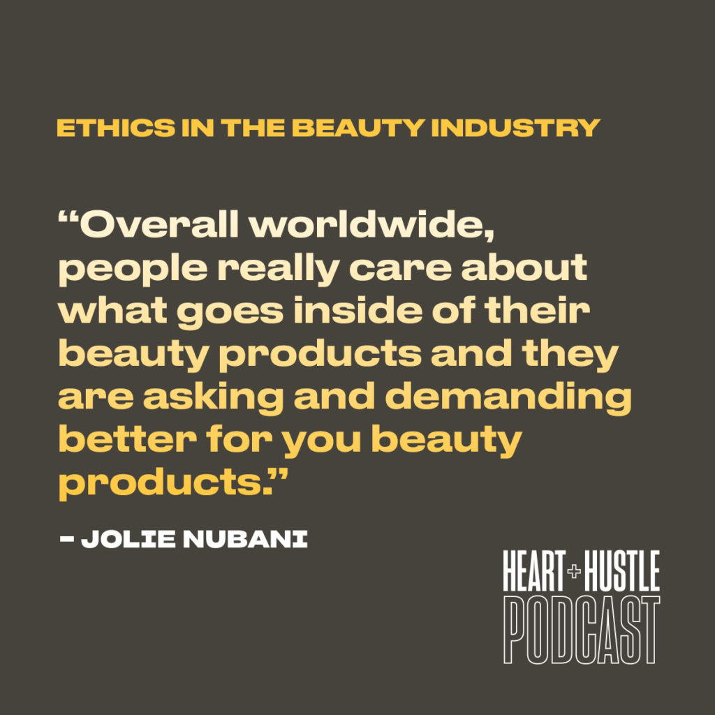 An image that reads "Overall worldwide people really care about what goes inside their beauty products and they are asking and demanding better for you beauty products." by Jolie Nubani with the title Ethics in the Beauty Industry